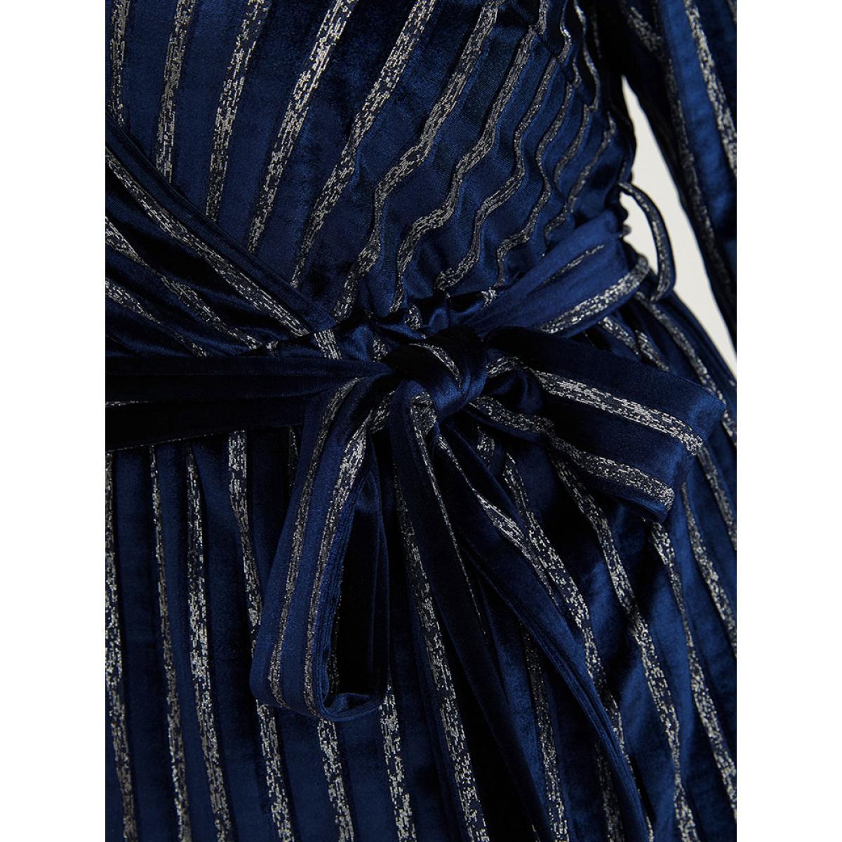 Plus Size Glitter Striped Wrap Belted Velvet Midi Dress Indigo Women Party Velvet V-neck Long Sleeve Curvy Midi Dress BloomChic 22-24/3X Product Image