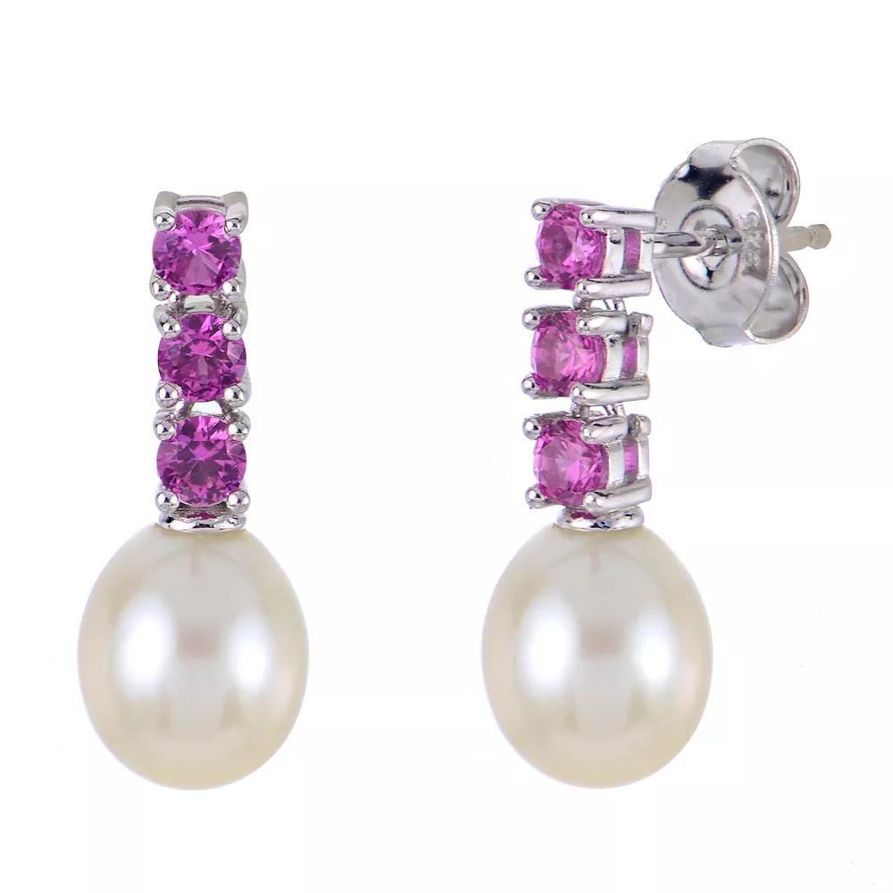 PearLustre by Imperial Sterling Silver Freshwater Cultured Pearl & Lab-Created Pink Sapphire Drop Earrings, Womens Product Image