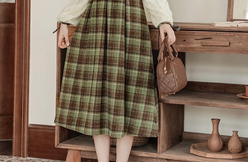 Long Sleeve Round Neck Plaid Mock Two Piece Frill Button Midi A-Line Dress Product Image