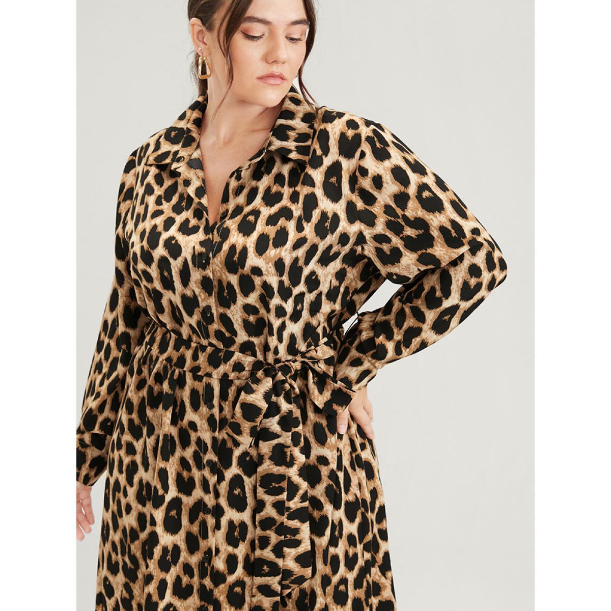 Plus Size Leopard Pocket Button Belted Shirt Collar Midi Dress Leopard Women Office Belted Shirt collar Long Sleeve Curvy Midi Dress BloomChic 28/5X Product Image