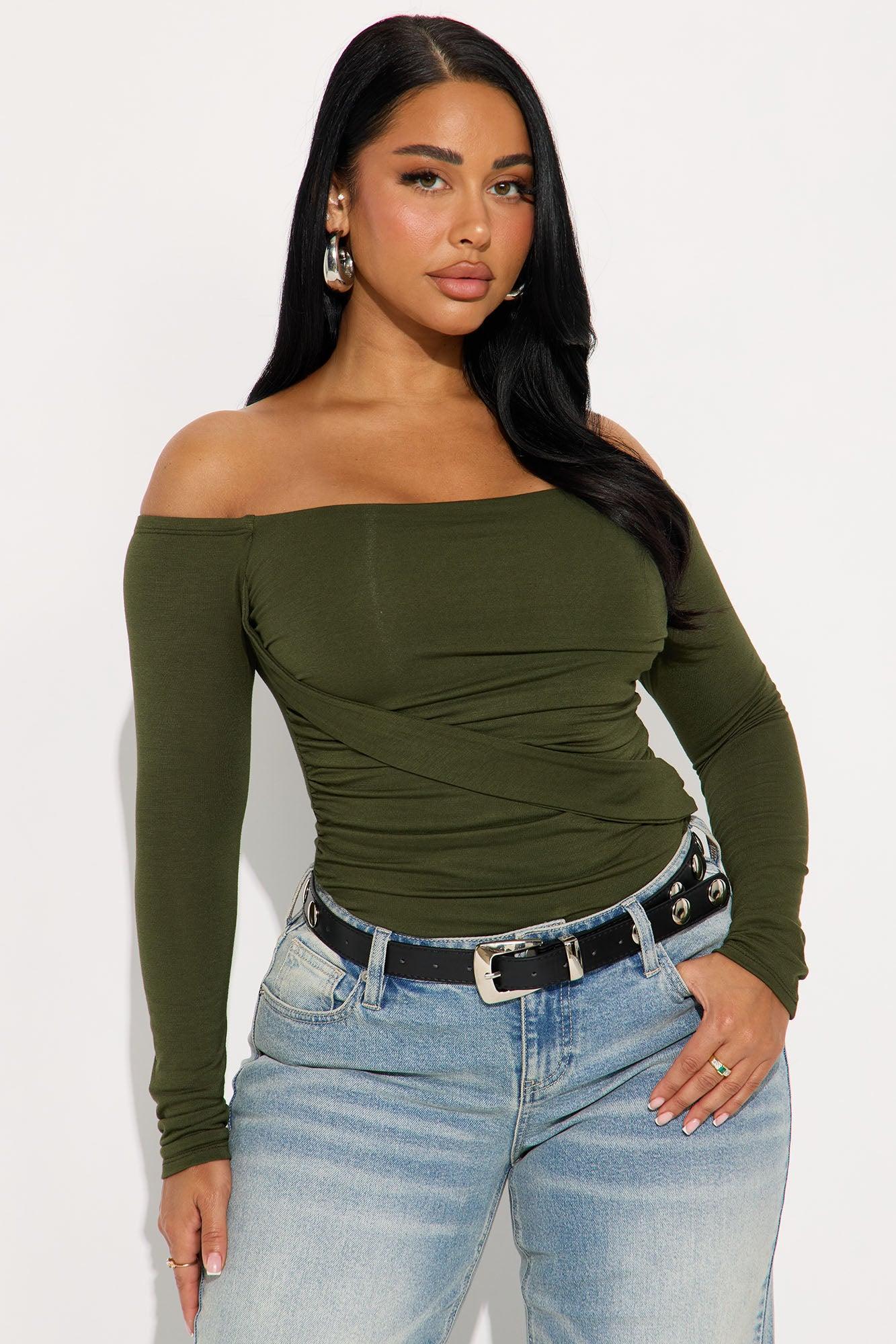 Gilda Off Shoulder Long Sleeve Bodysuit - Olive Product Image