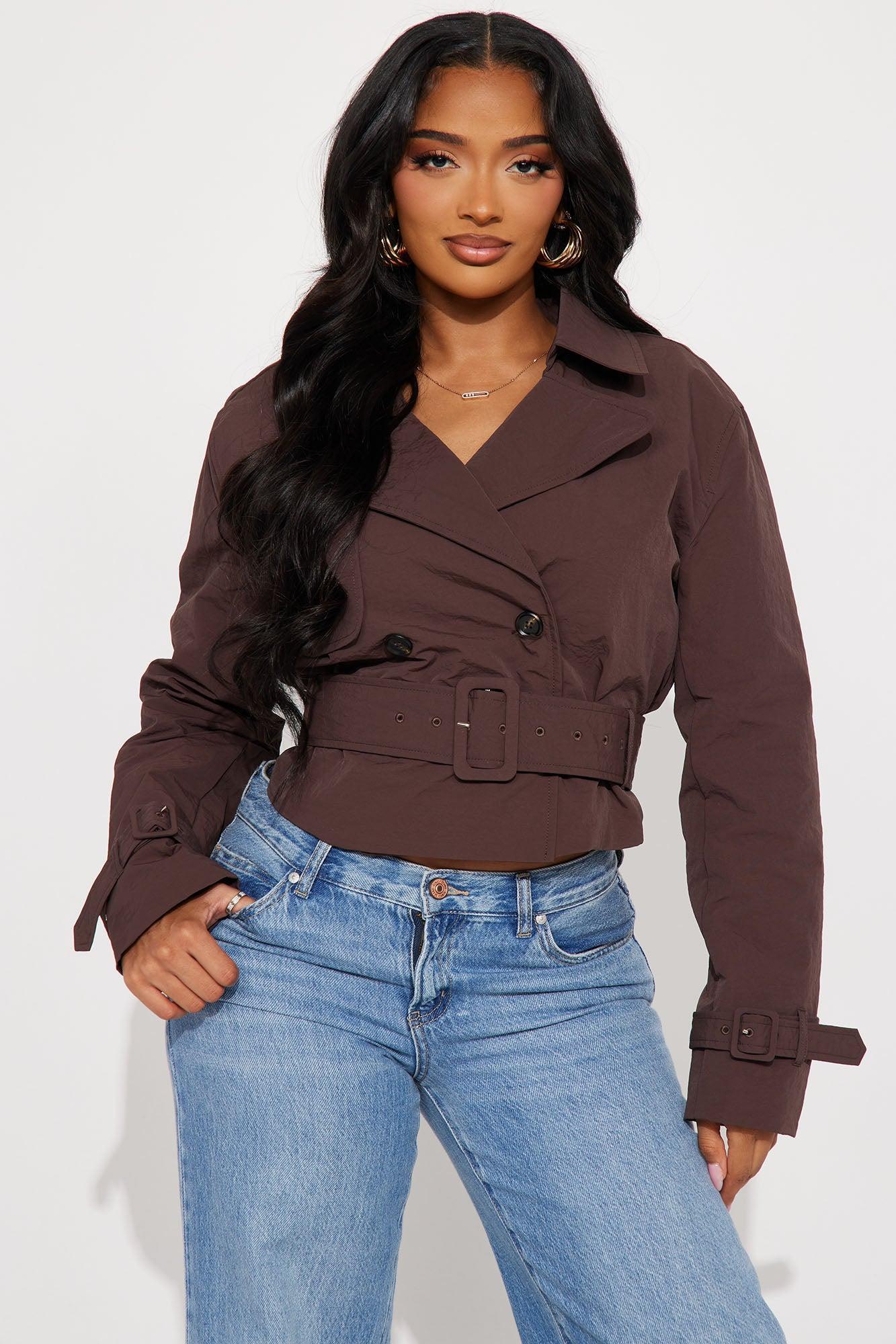 Nicole Belted Nylon Cropped Trench - Chocolate Product Image