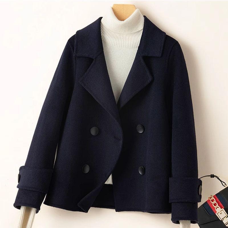 Collared Plain Double Breasted Short Coat Product Image
