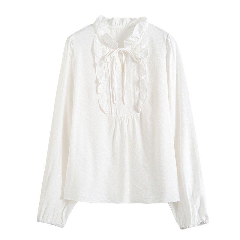 Long-Sleeve Stand Collar Plain Frill Trim Tie Front Blouse Product Image