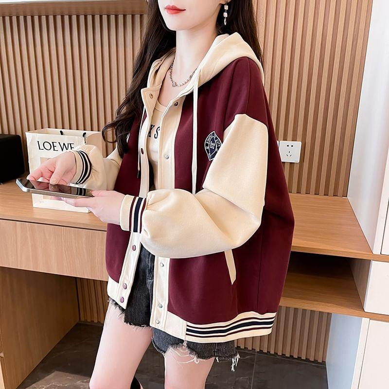 Lettering Embroidered Striped Trim Hooded Button-Up Baseball Jacket Product Image