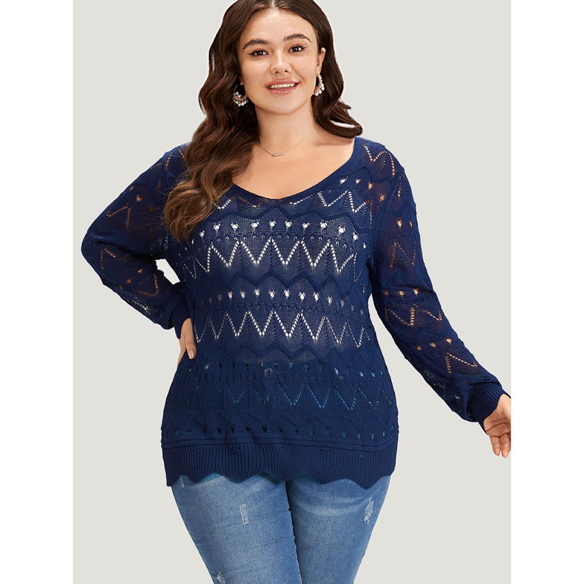 Plus Size Geometric Eyelet Scalloped Trim Drop Shoulder Pullover Indigo Women Casual Loose Long Sleeve Round Neck Dailywear Pullovers BloomChic 14-16/1X Product Image