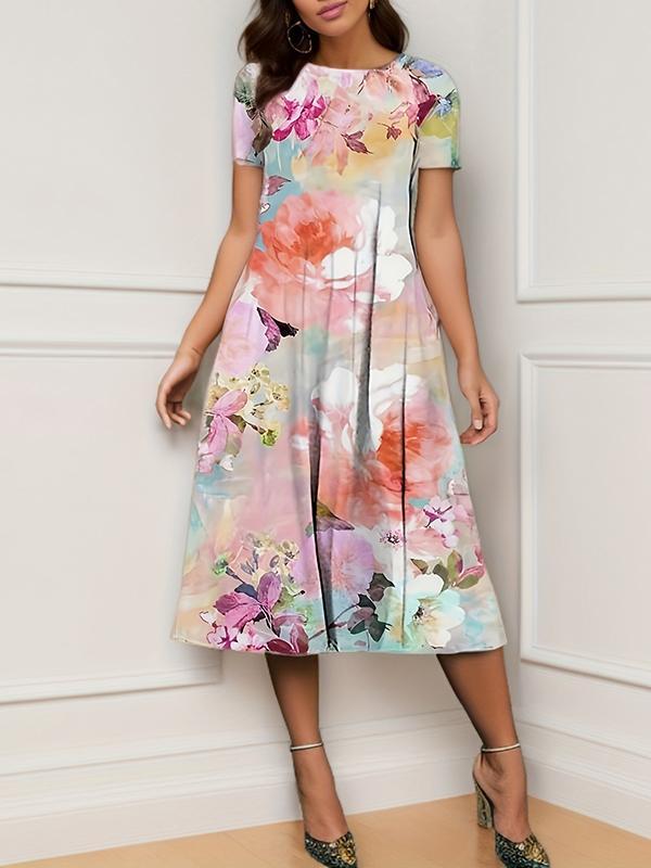 A-Line Loose Flower Print Pockets Round-Neck Midi Dresses Product Image
