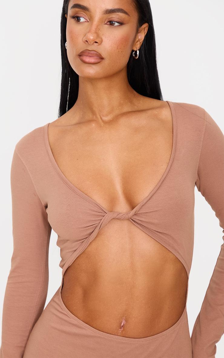Taupe Cotton Twist Cut Out Long Sleeve Midaxi Dress Product Image