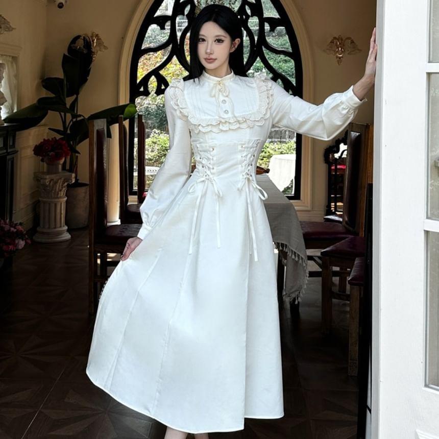 Long-Sleeve Stand Collar Plain Lace Trim Pintuck Lace-Up Midi A-Line Dress Product Image