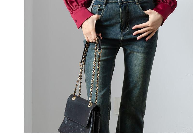 Long-Sleeve Tie-Neck Plain Button-Up Blouse Product Image