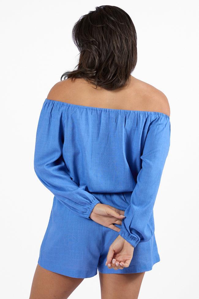 Deep Dive Blue Off The Shoulder Shorts Set SALE Product Image