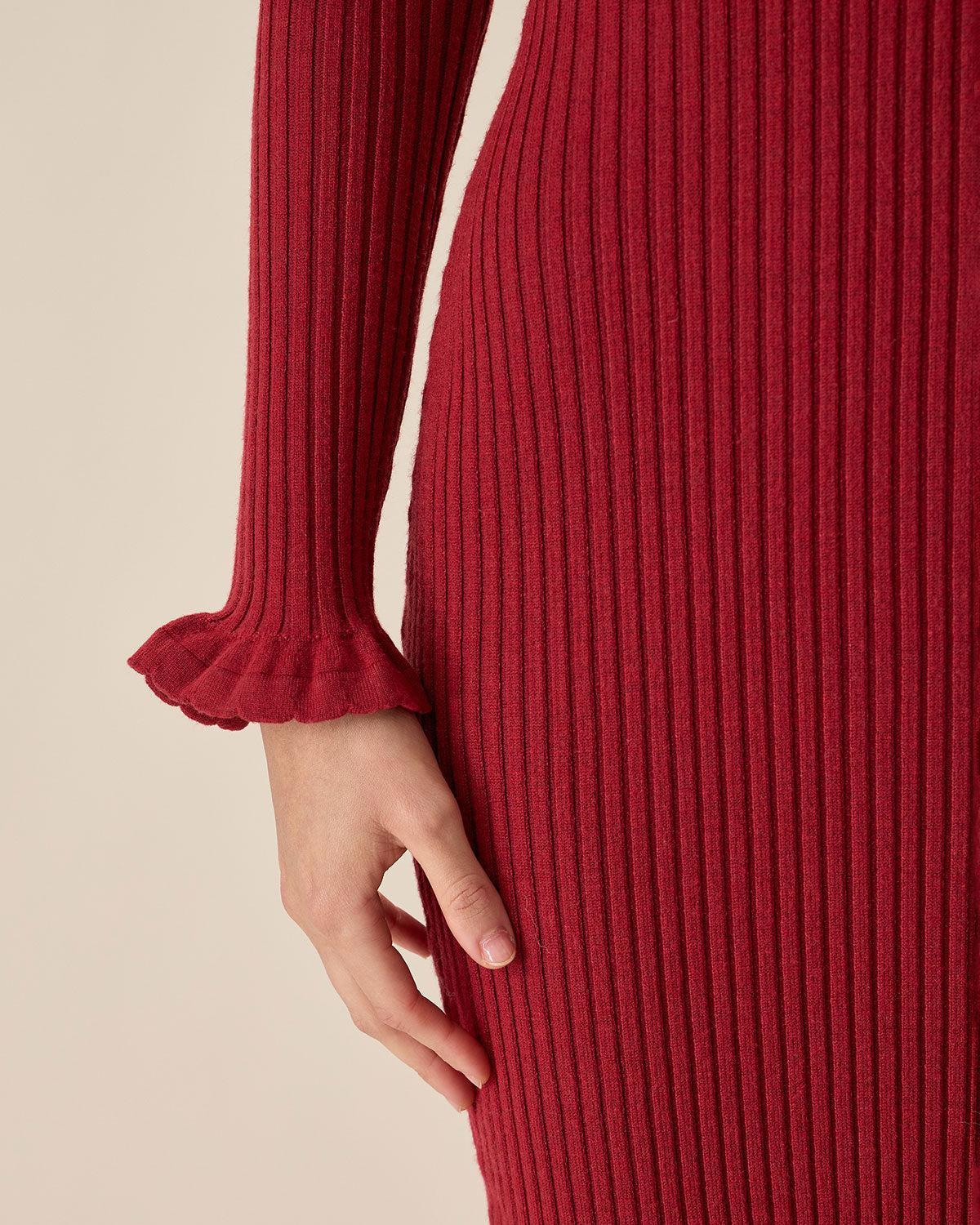Red Bodycon Bell Sleeve Sweater Dress Product Image
