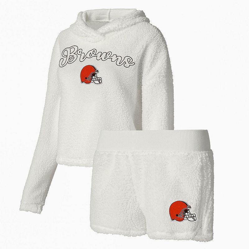 Women's Concepts Sport  White Cleveland Browns Fluffy Pullover Sweatshirt & Shorts Sleep Set, Size: Medium Product Image