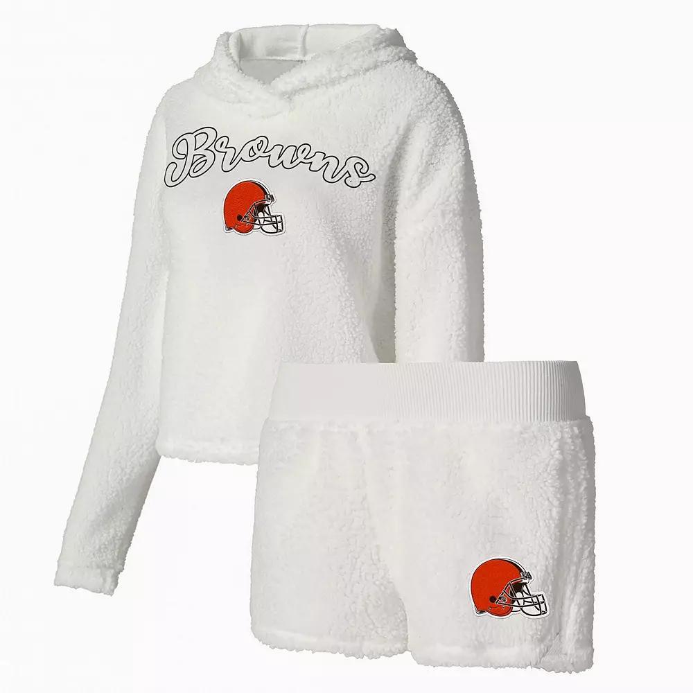 Women's Concepts Sport  White Cleveland Browns Fluffy Pullover Sweatshirt & Shorts Sleep Set, Size: Medium Product Image