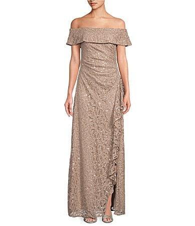 Alex Evenings Long Sequins Lace Dress (Buff) Women's Dress Product Image