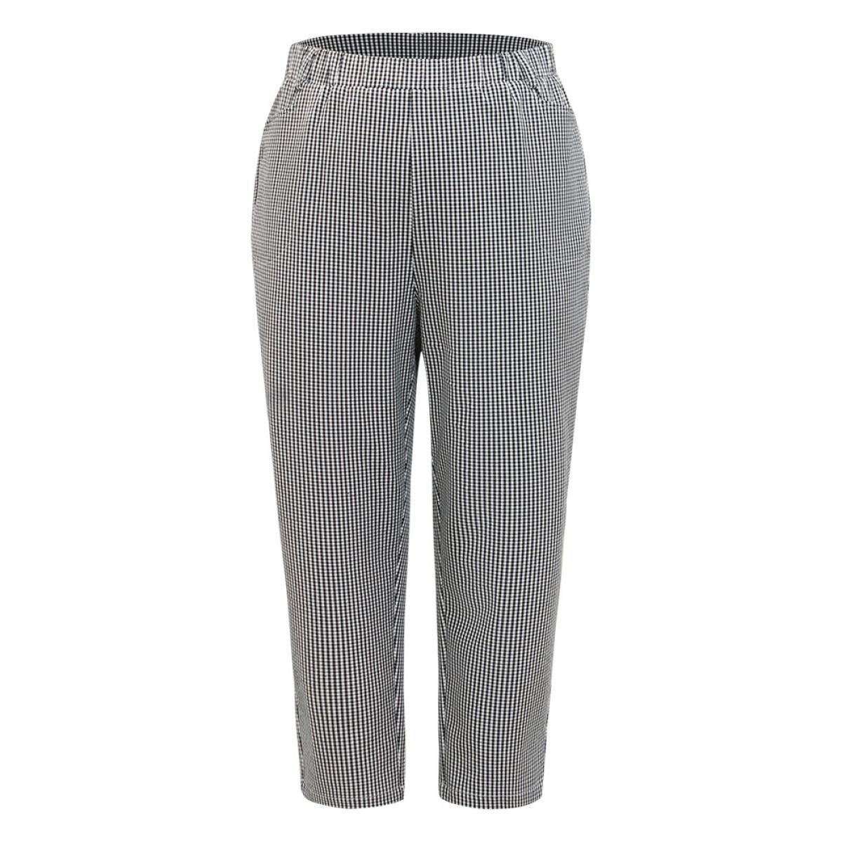 Plus Size Gingham Elastic Waist Pocket Pants Women Black At the Office Straight Leg High Rise Work Pants BloomChic 28/5X Product Image