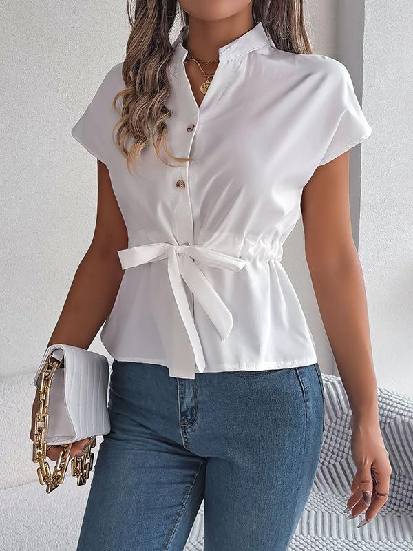 Loose Short Sleeves Drawstring Split-Joint Round-Neck Blouses&Shirts Tops Product Image