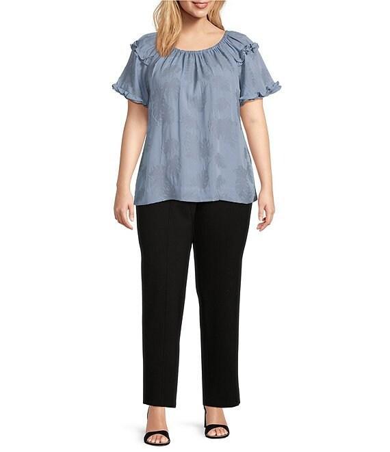 Slim Factor By Investments Plus Size Heidi Palm Jacquard Elastic Crew Neckline Short Sleeve Top Product Image