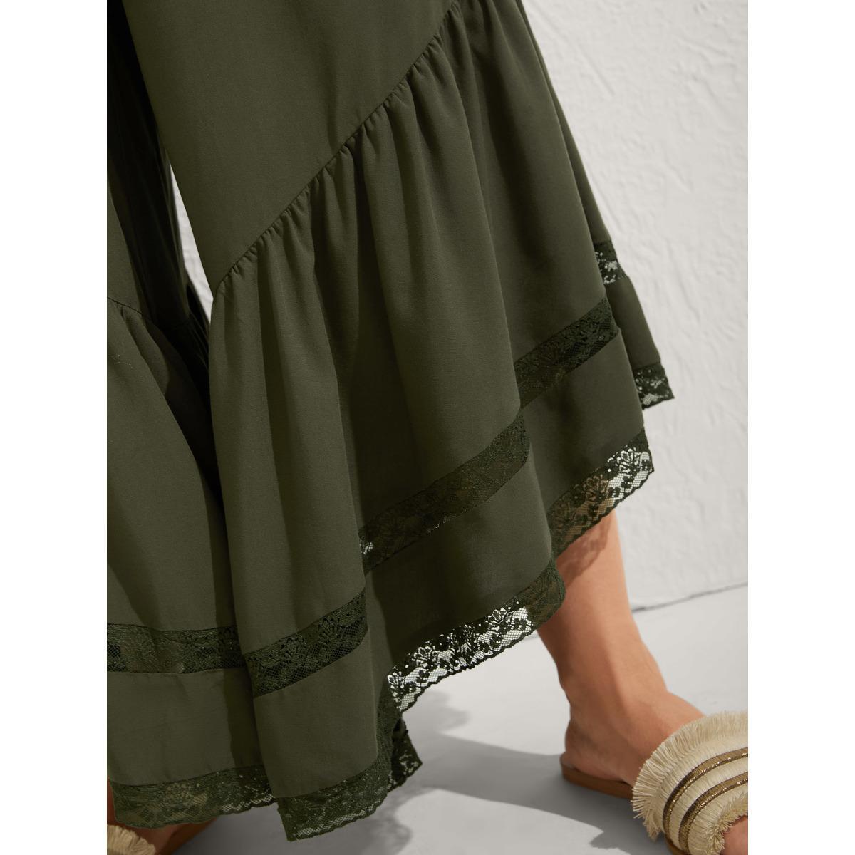 Plus Size Ruffled Lace Hem Wide-Leg Pants Women ArmyGreen Loose Mid Rise Vacation Pants BloomChic 28/5X Product Image