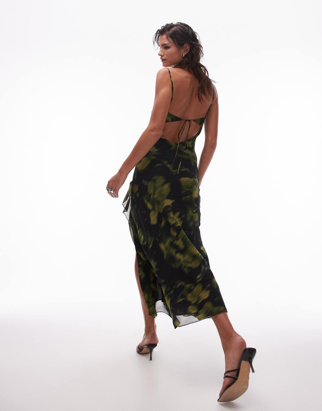 Topshop sheer drape midi dress in green blurred print Product Image