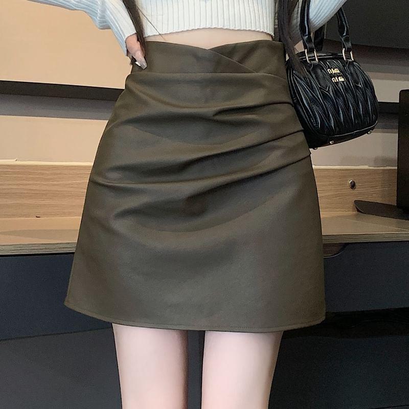 High Rise Plain Ruched Faux Leather Mini A-Line Skirt Product Image