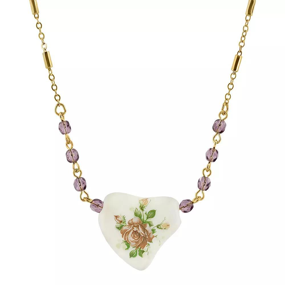 1928 Gold-Tone Purple Beaded White Heart With Pink Floral Decal Necklace, Womens Product Image