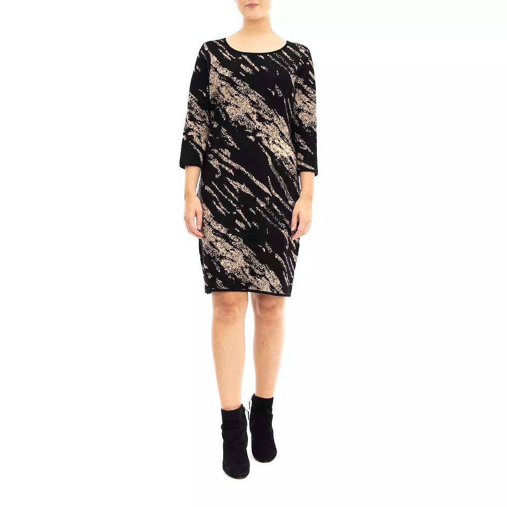 Women's Nina Leonard Three Quarter Jewelneck Sheath Sweater Dress, Size: Small, Black Deep Blue Product Image