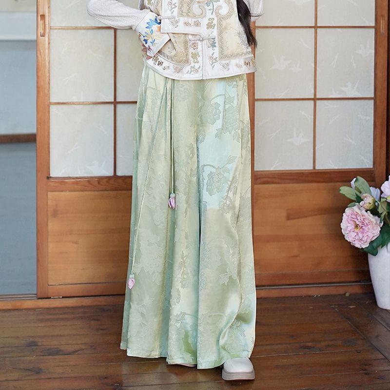 Long-Sleeve Floral Embroidered Top / High Waist Floral Jacquard Wide Leg Pants / Vest Product Image