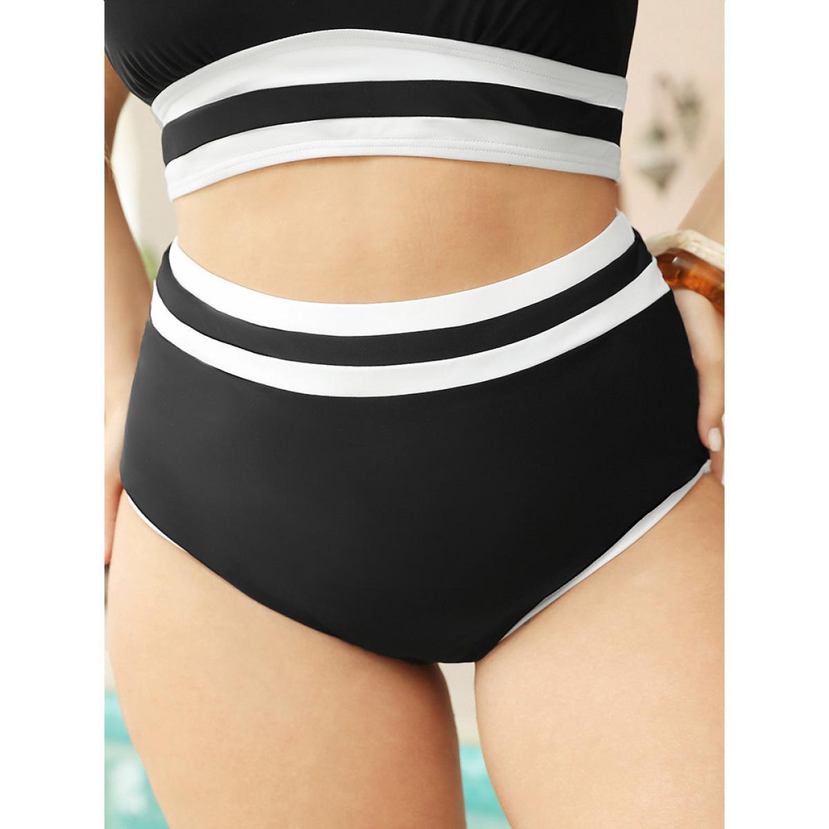 Plus Size Contrast Trim High Waist Bikini Bottom Women's Swimwear Black Vacation Contrast High stretch Skinny High Rise Curve Swim Bottoms BloomChic 26/4X Product Image