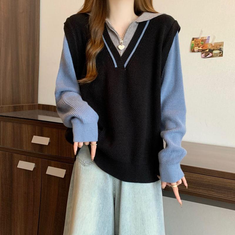 Sailor Collar Mock Two-Piece Color Block Half-Zip Sweater Product Image