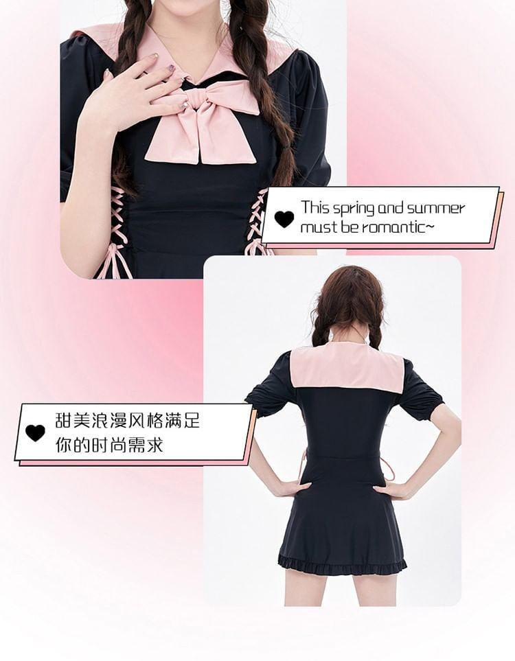Short Sleeve Collared Bow Lace Up Frill Swimdress Product Image