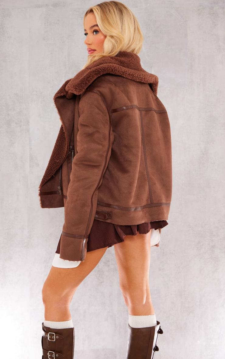 Chocolate Faux Suede PU Bonded Aviator Jacket Product Image