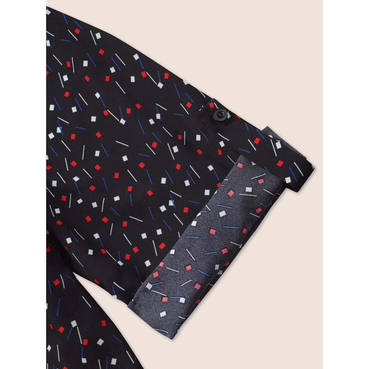 Plus Size Black Geometric Tab Sleeve Tie Neck Blouse Women At the Office Elbow-length sleeve Ribbon-tied collar Work Blouses BloomChic 10/M Product Image