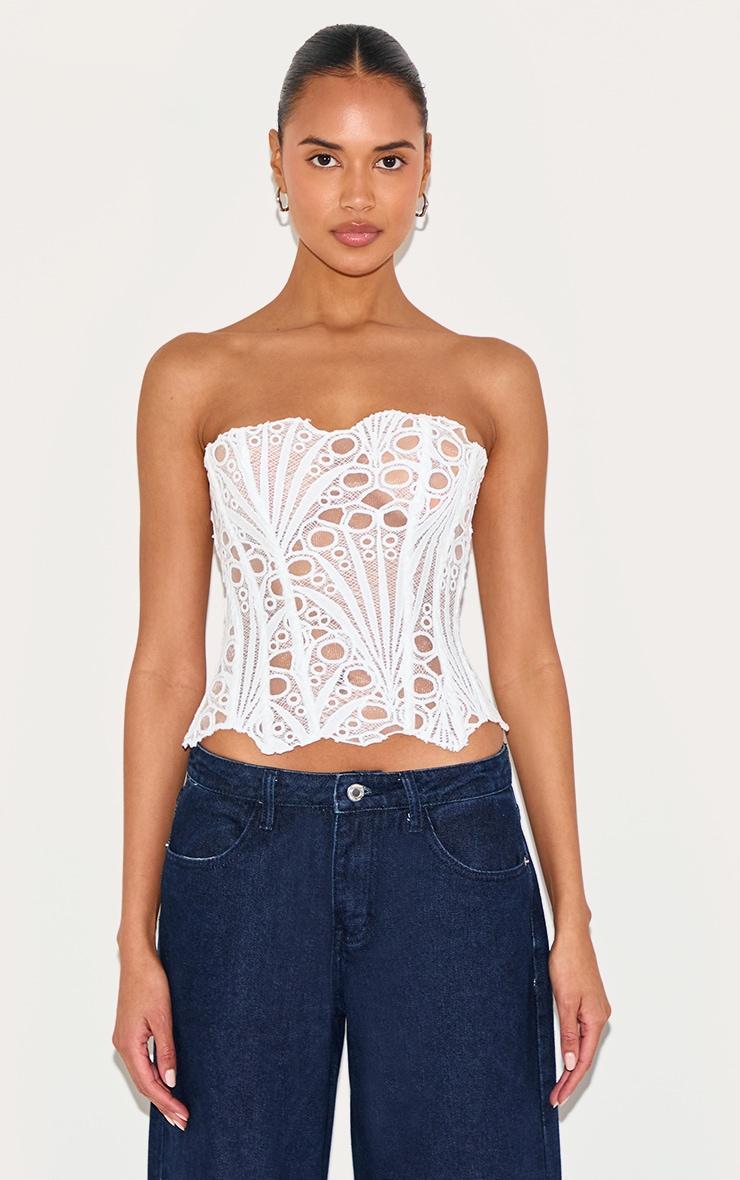 White Textured Sheer Floral Lace Corset Product Image