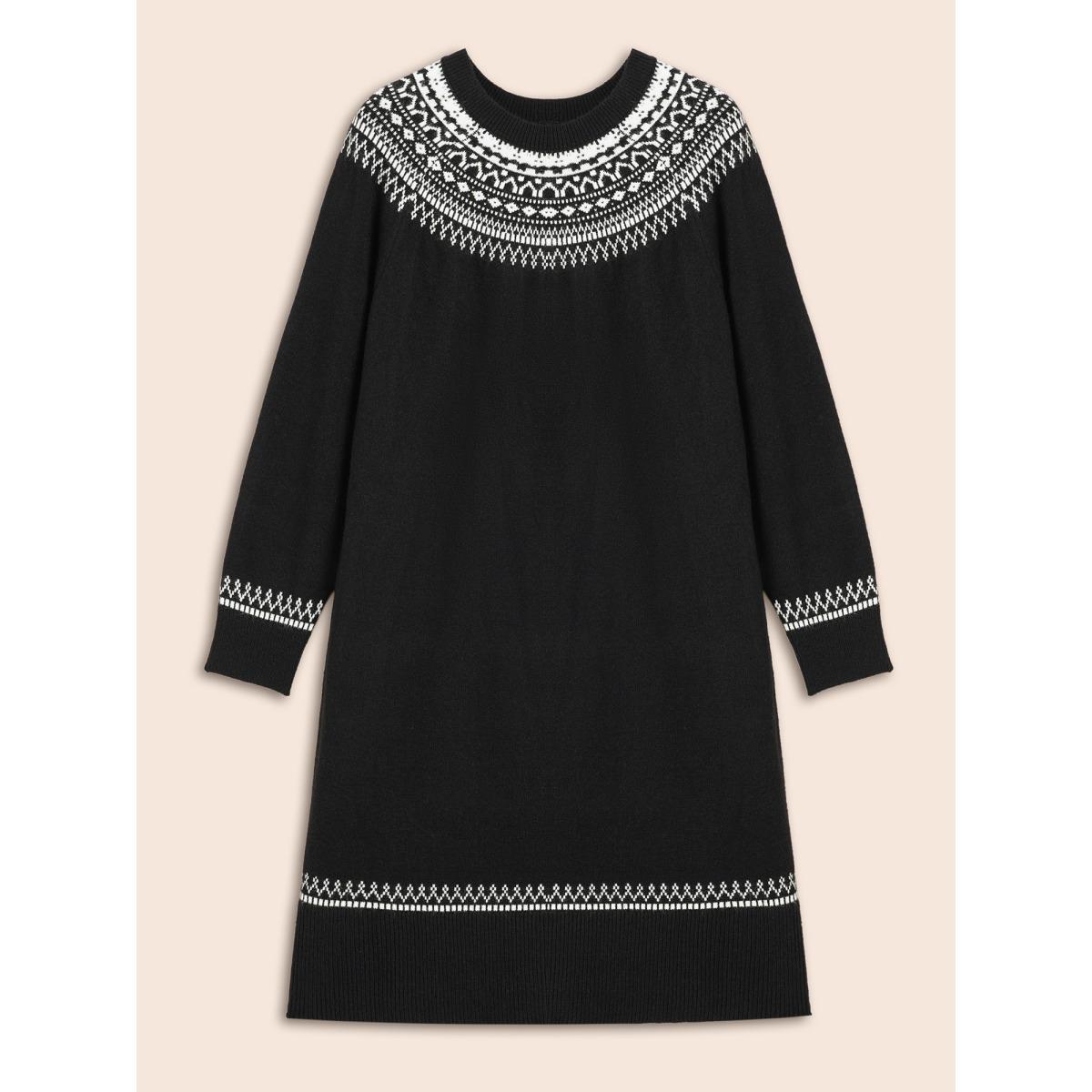 Plus Size Supersoft Essentials Geo-embroidery Fair Isle Fitted Sweater Dress Black Women Casual Loose Long Sleeve Everyday Sweater Dresses BloomChic 12/L Product Image