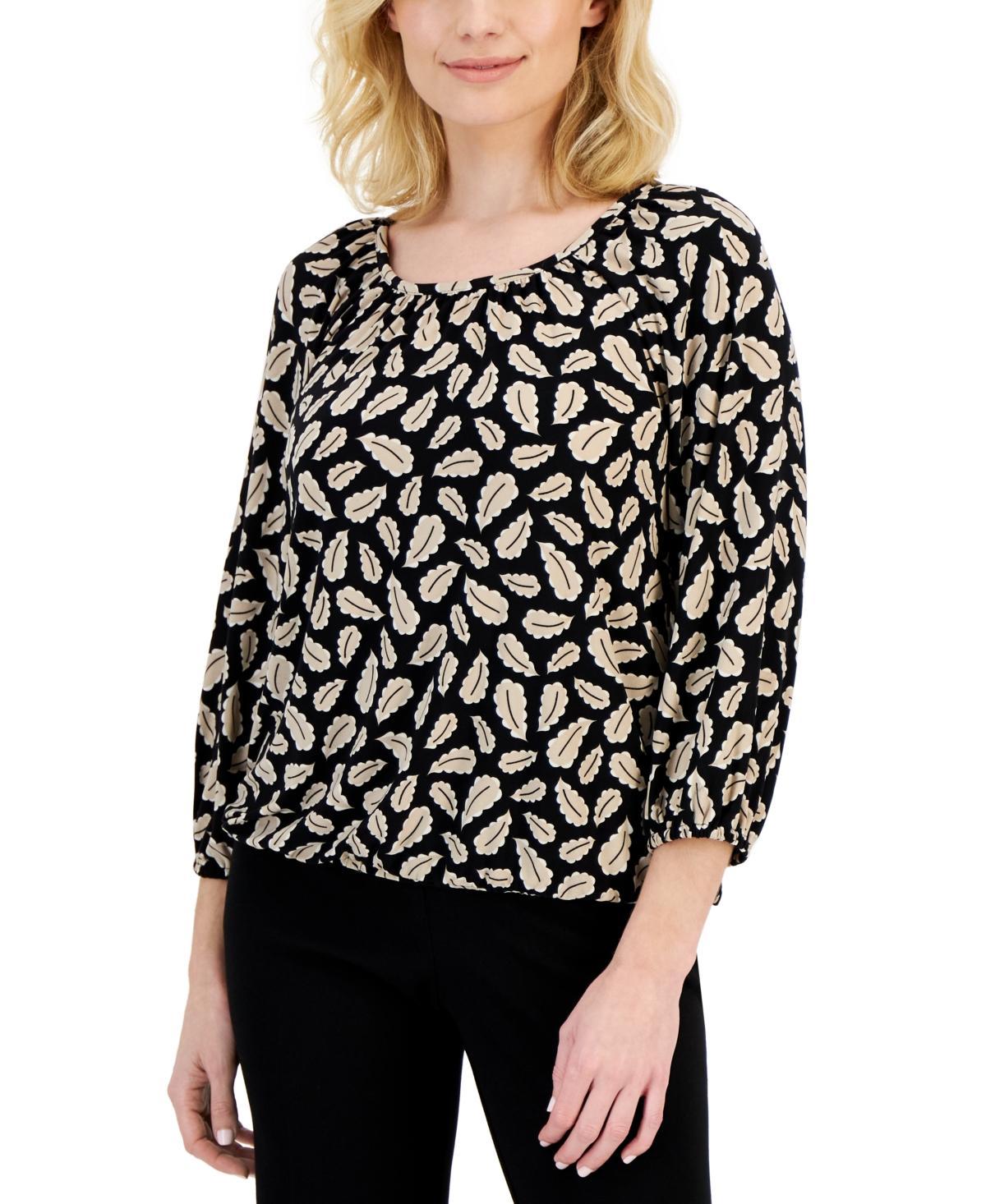 Ak Anne Klein Petite Printed Shirred 3/4-Sleeve Top - Anne Black Product Image