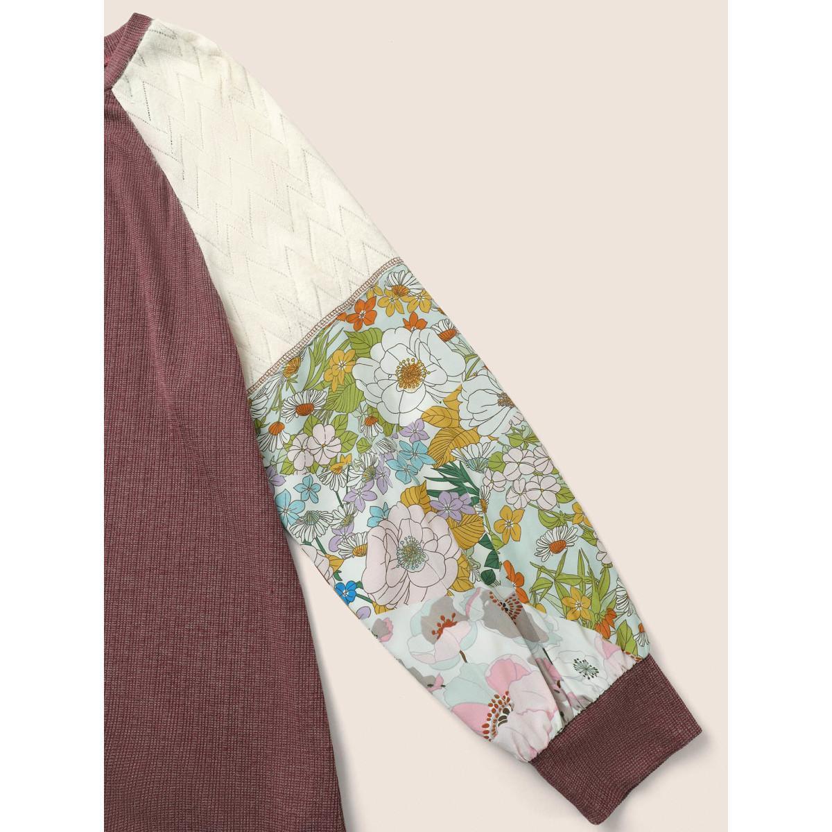 Plus Size Floral Patchwork Textured Raglan Sleeve Stitch T-shirt Russet Women Resort Texture Natural Flowers Round Neck Vacation T-shirts BloomChic 22-24/3X Product Image