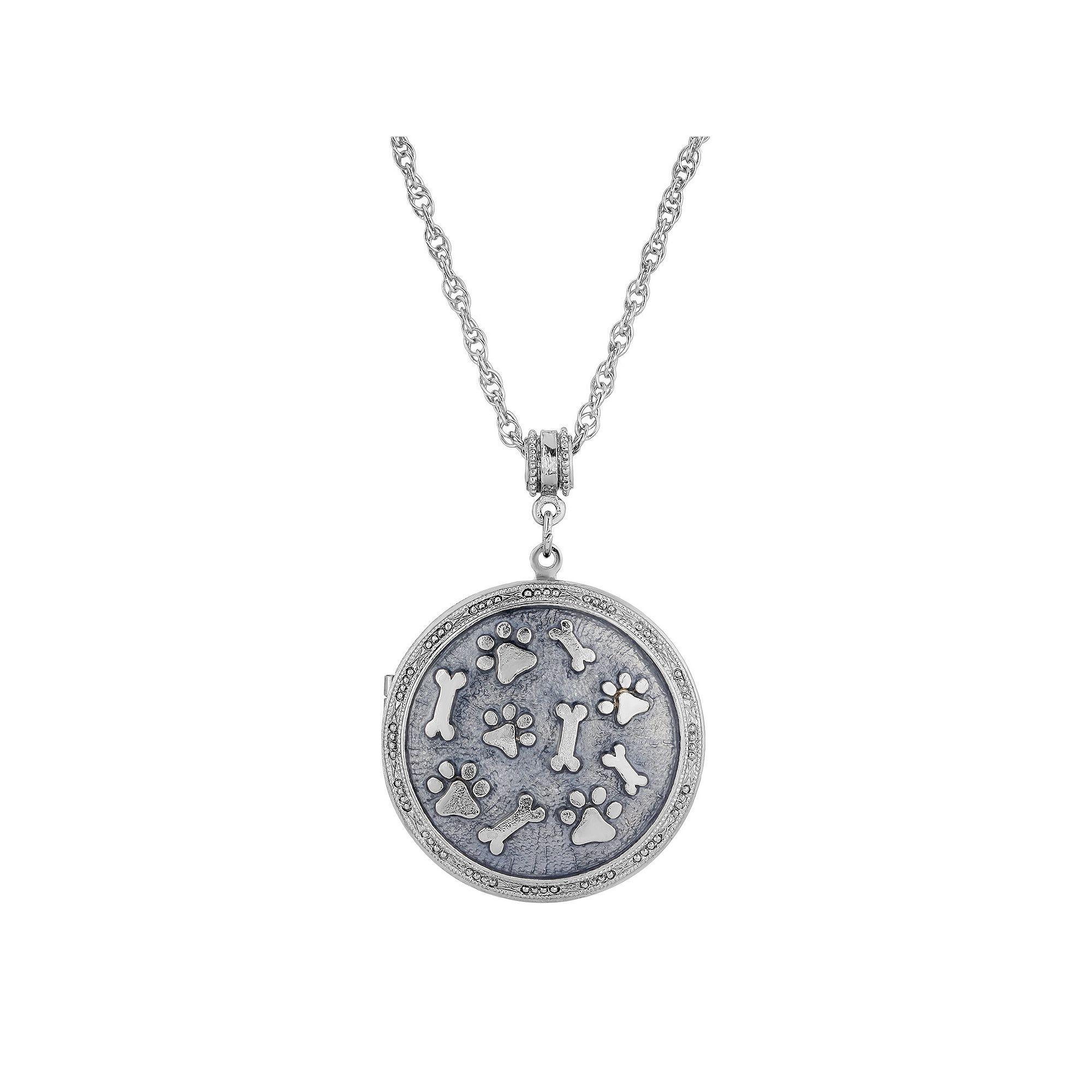 1928 Silver Tone Blue Enamel Paw & Bones Round Locket, Womens Product Image