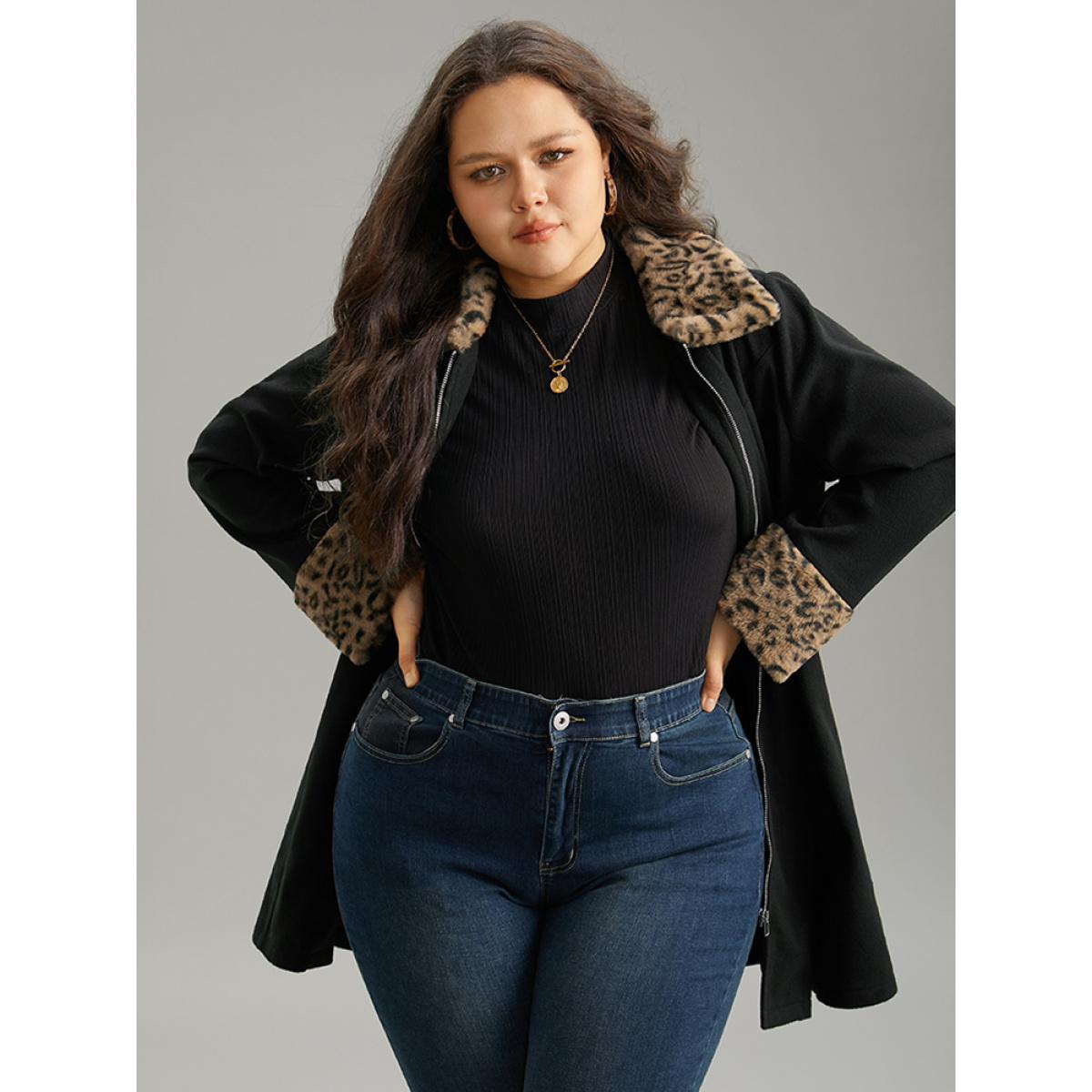 Plus Size Leopard Patchwork Fuzzy Trim Zipper Coat Women Black Casual Contrast Ladies Dailywear Winter Coats BloomChic 10/M Product Image