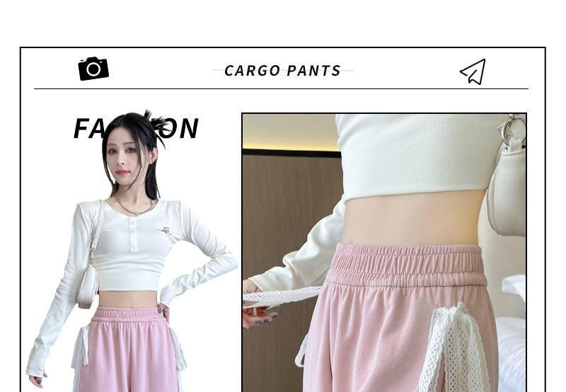 Elastic Waist Bow Embroidered Lace Panel Loose Fit Sweatpants (Various Designs) Product Image