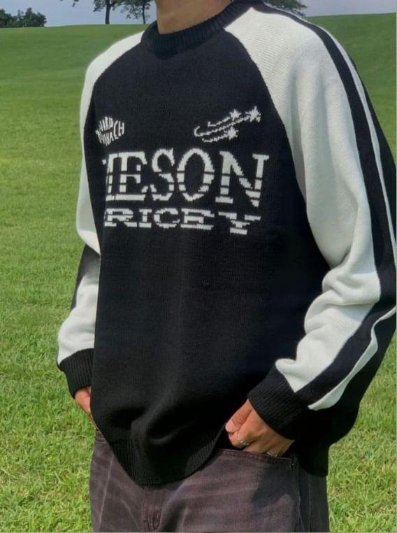 Long Sleeve Color-Block Lettering Print Loose-Fit Sweater Product Image