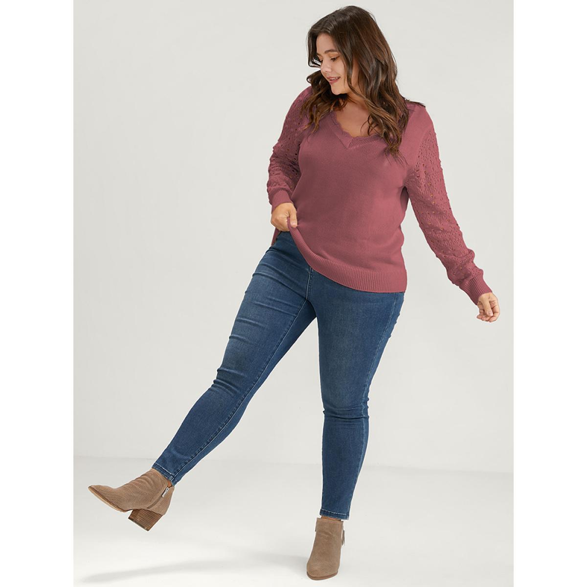 Plus Size Solid Pointelle Knit Scalloped Trim V Neck Crochet Knit Top Russet Women Elegant Long Sleeve V-neck Dailywear Pullovers BloomChic 26/4X Product Image