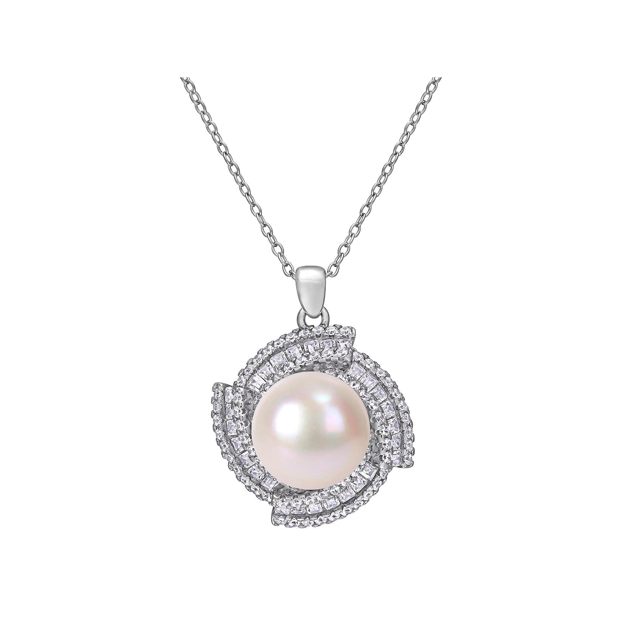 Stella Grace Sterling Silver Cubic Zirconia & Freshwater Cultured Pearl Pendant Necklace, Women's, Size: 18" Product Image