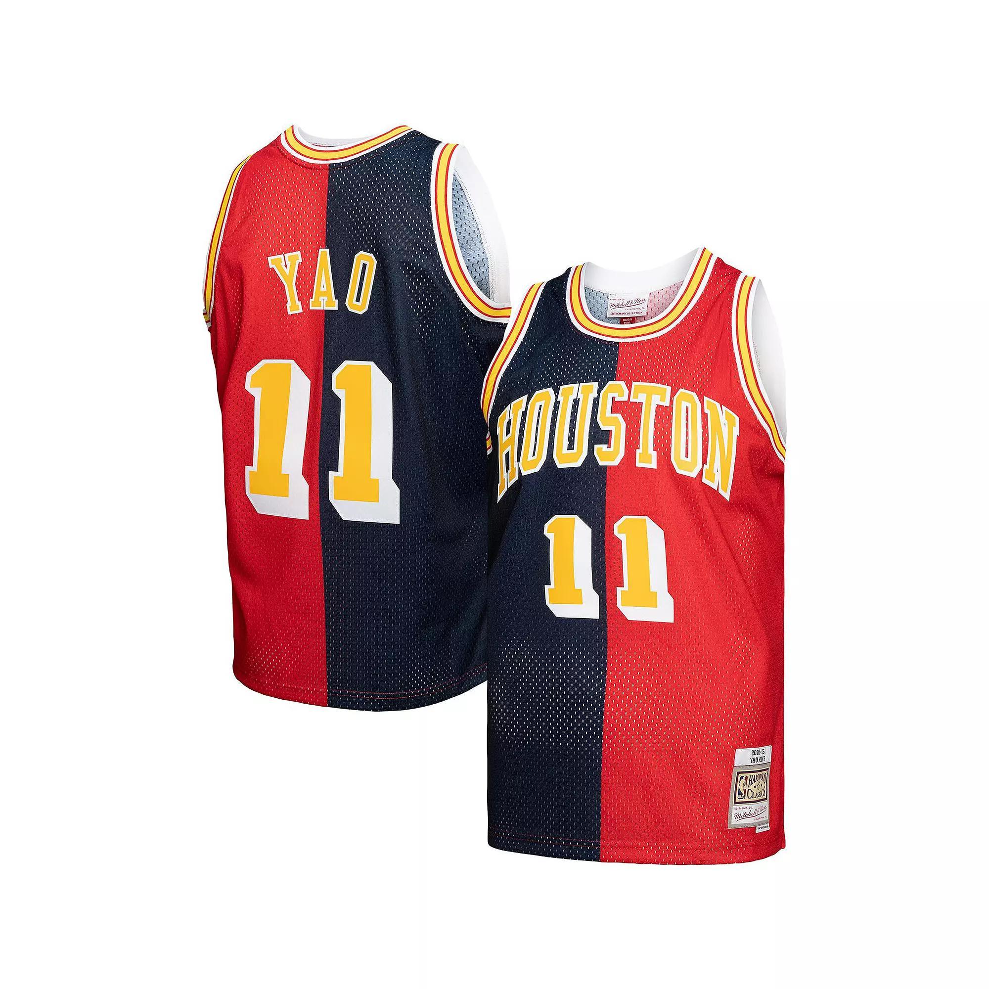 Men's Mitchell & Ness Yao Ming Navy/Red Houston Rockets Hardwood Classics 2004-05 Split Swingman Jersey, Size: 2XL, Blue Product Image