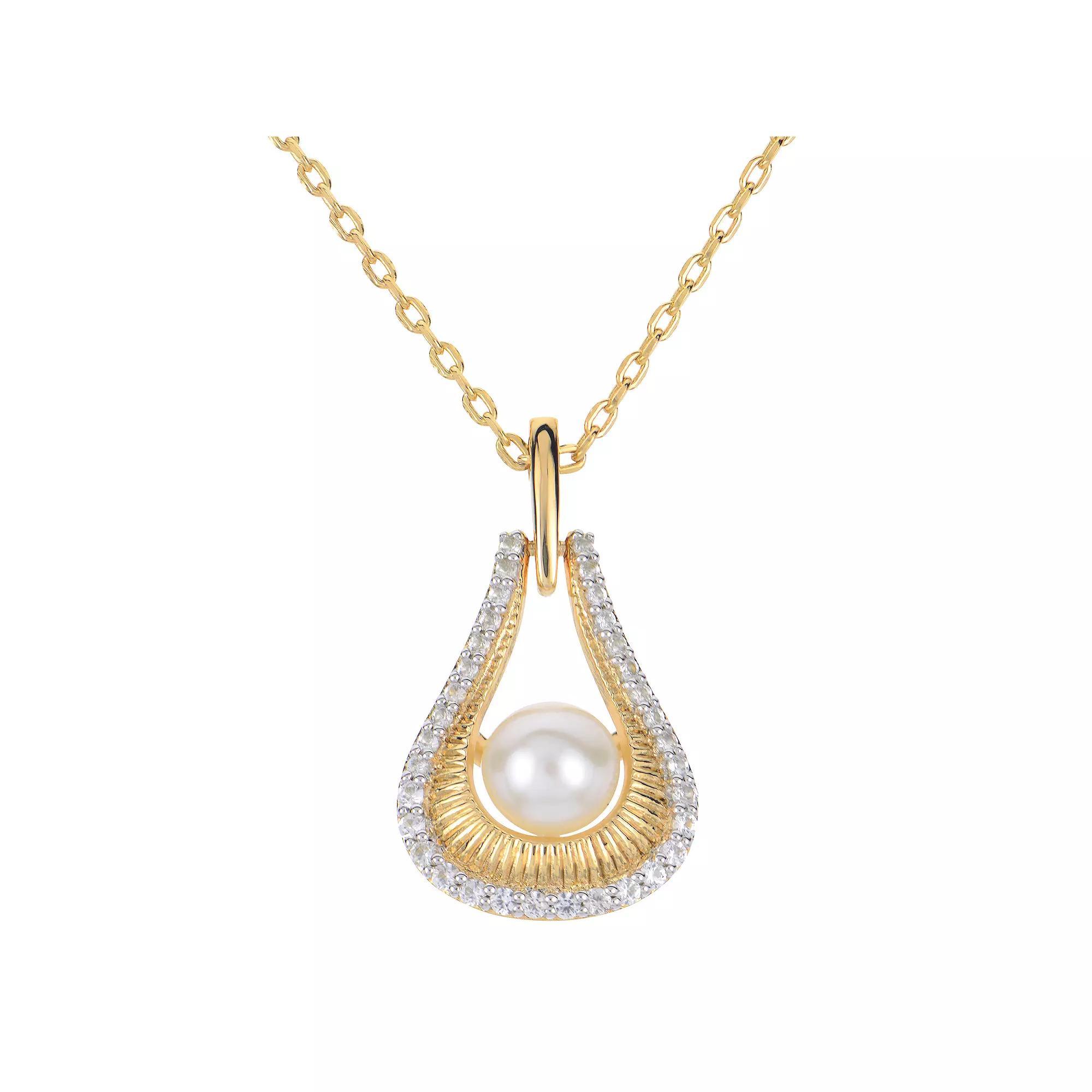 PearLustre by Imperial 14k Gold Over Silver Freshwater Cultured Pearl & Lab-Created White Sapphire Door Knocker Pendant Necklace, Womens, Gold Tone Product Image