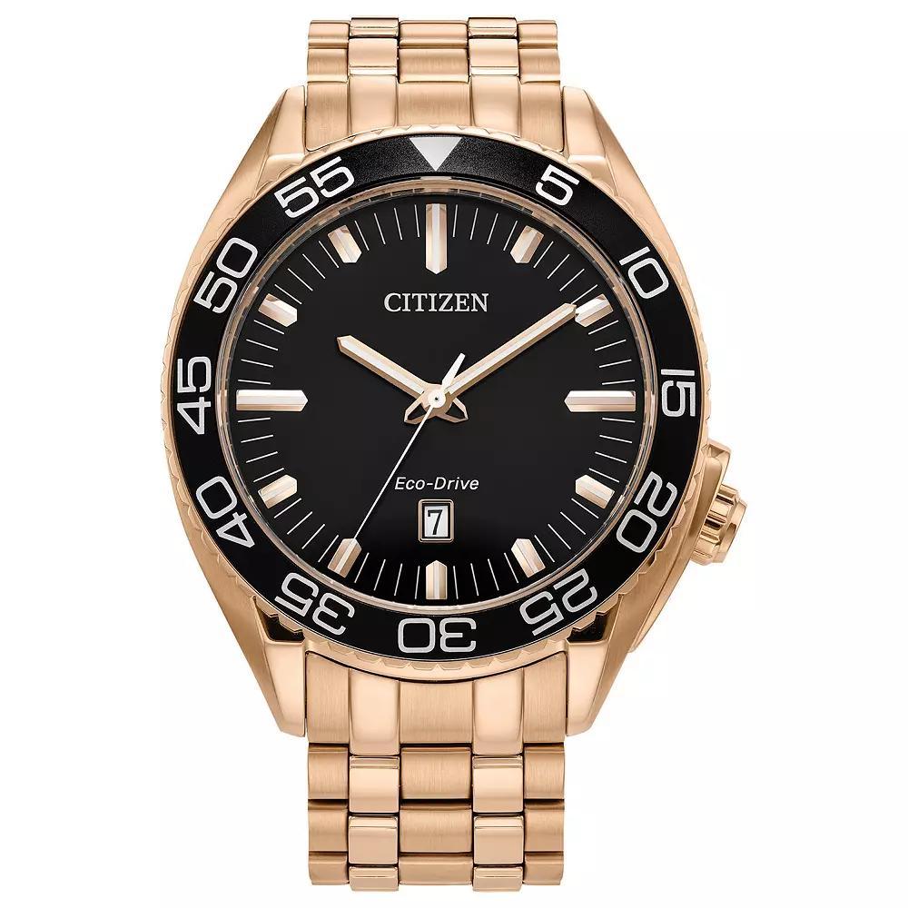 Citizen Mens Eco-Drive Sport Luxury Carson Rose Gold Tone Stainless Steel Black Dial Bracelet Watch Rosegold Product Image