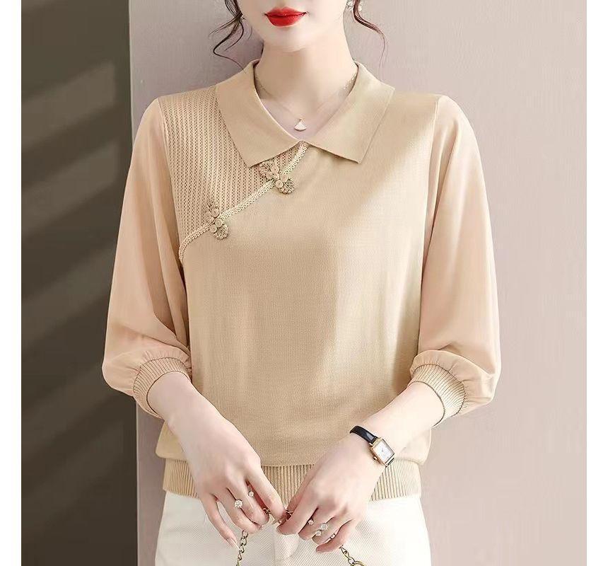 Puff-Sleeve Collared Frog Buttoned Blouse Product Image