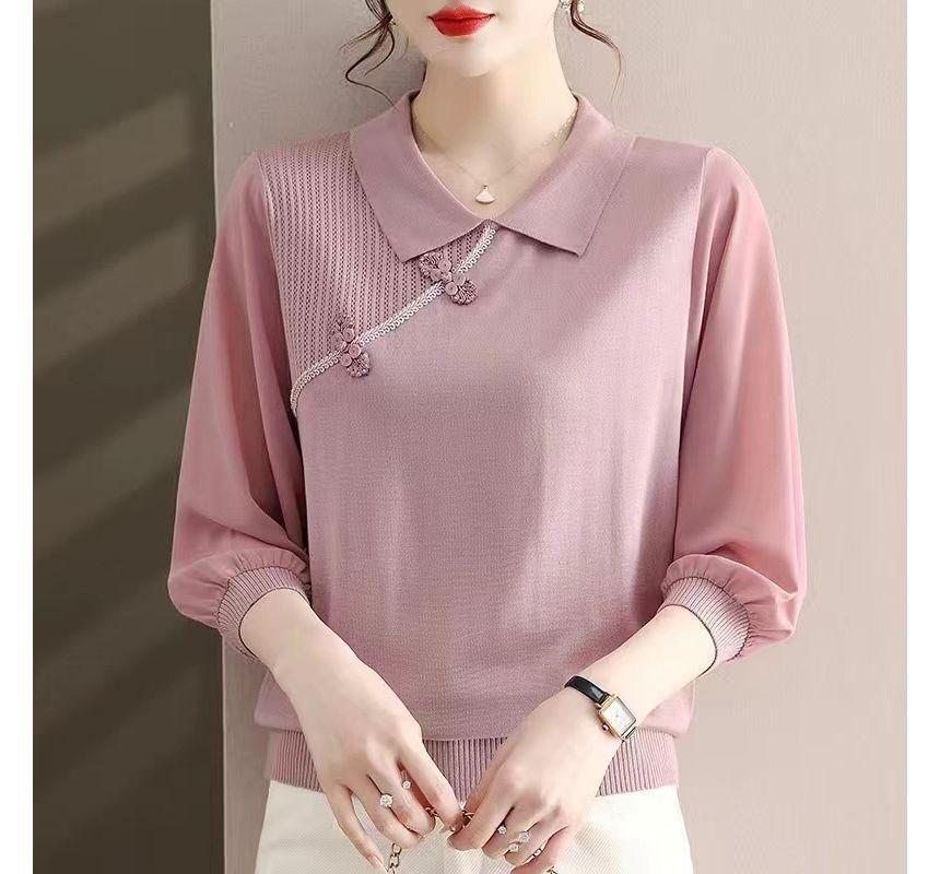 Puff-Sleeve Collared Frog Buttoned Blouse Product Image