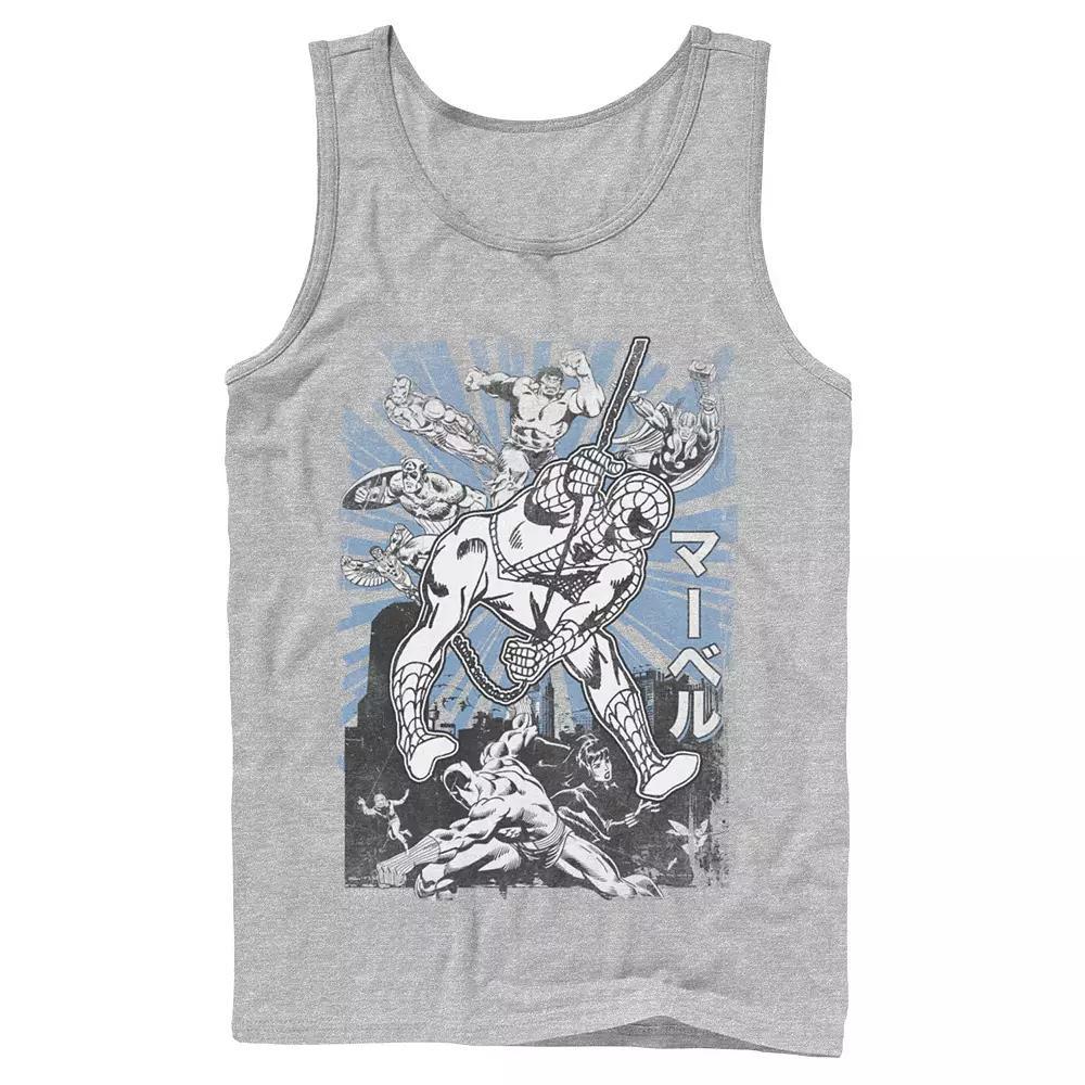 Men's Marvel Avengers Kanji Group Shot Spiderman Tank Top, Size: Large, Athletic Grey Product Image