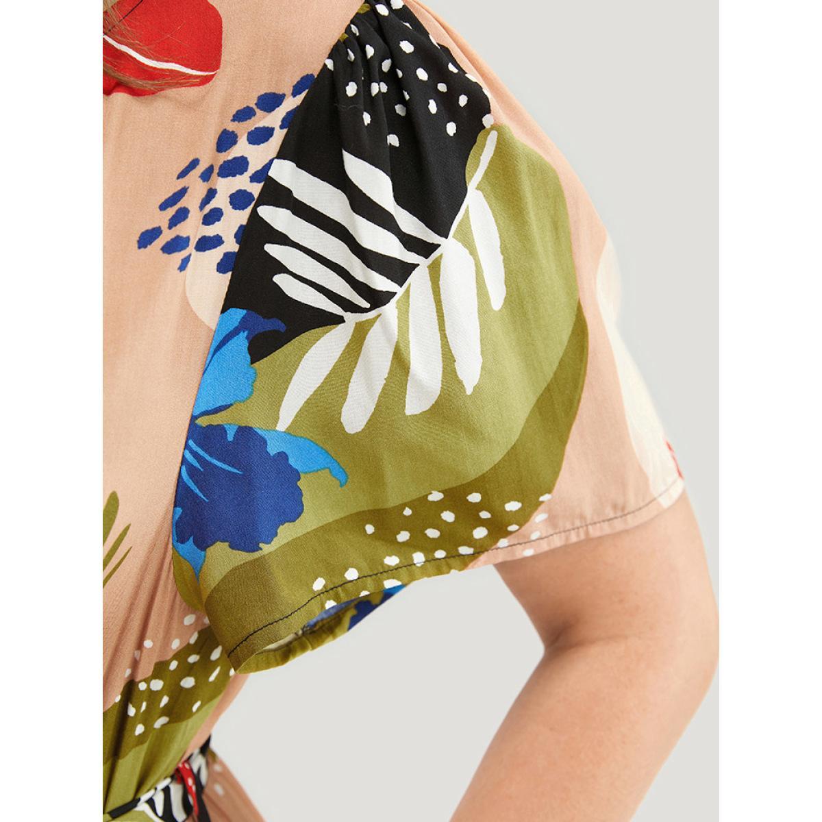 Plus Size Tropical Print Ruched Front Belt Pocket Flutter Hem Dress Multicolor Women Vacation Gathered V-neck Short sleeve Curvy Midi Dress BloomChic 28/5X Product Image